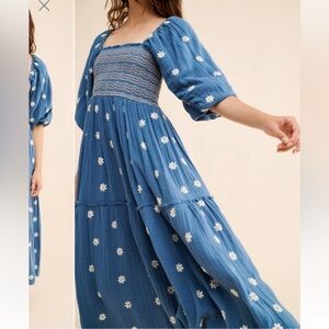 Free People Dahlia Embroidered Maxi Dress Puff Sleeve Blue